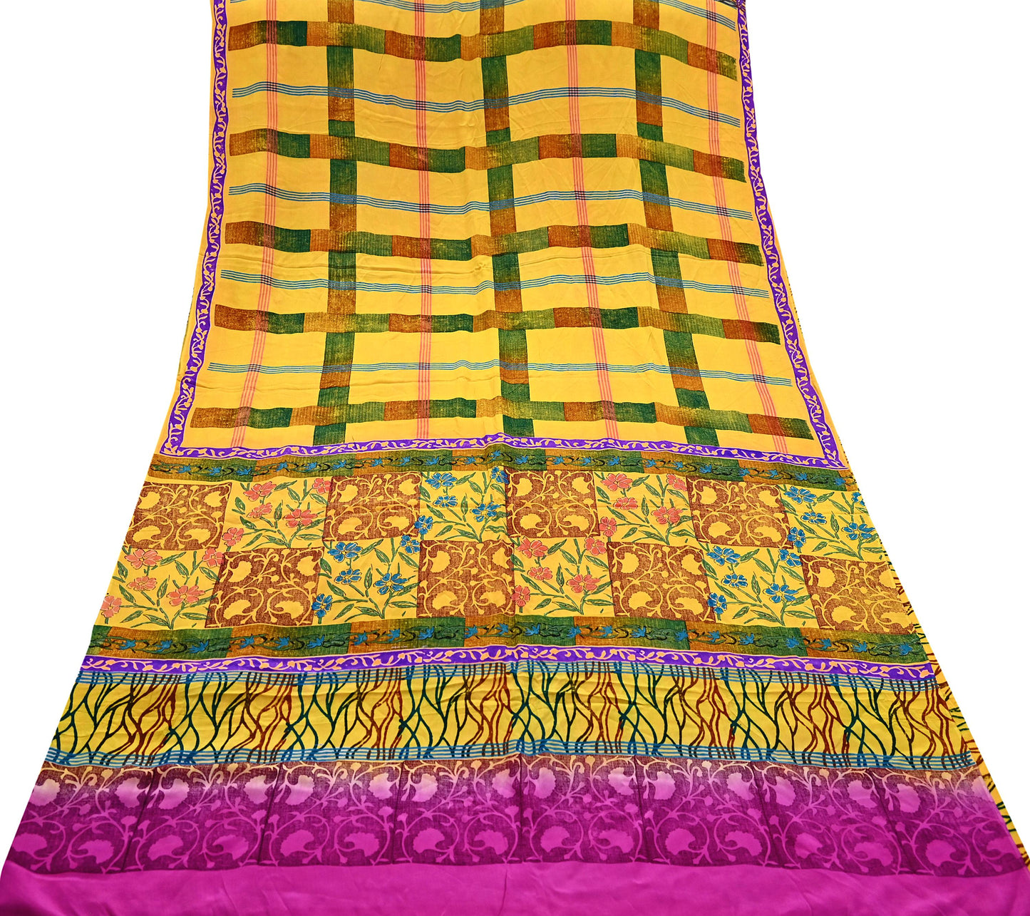 Indian Vintage Sari Yellow & Purple Pure Crepe Silk Block Printed Saree 5yd Sewing Floral Craft Fabric Wrap Dress making For Crafting
