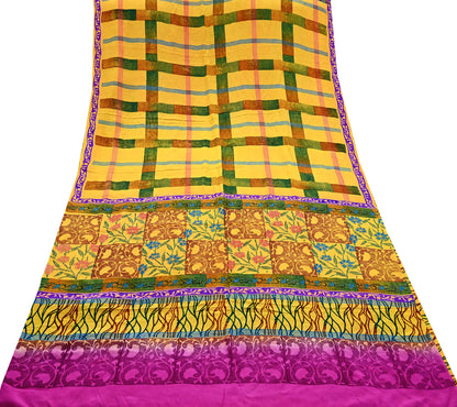 Indian Vintage Sari Yellow & Purple Pure Crepe Silk Block Printed Saree 5yd Sewing Floral Craft Fabric Wrap Dress making For Crafting