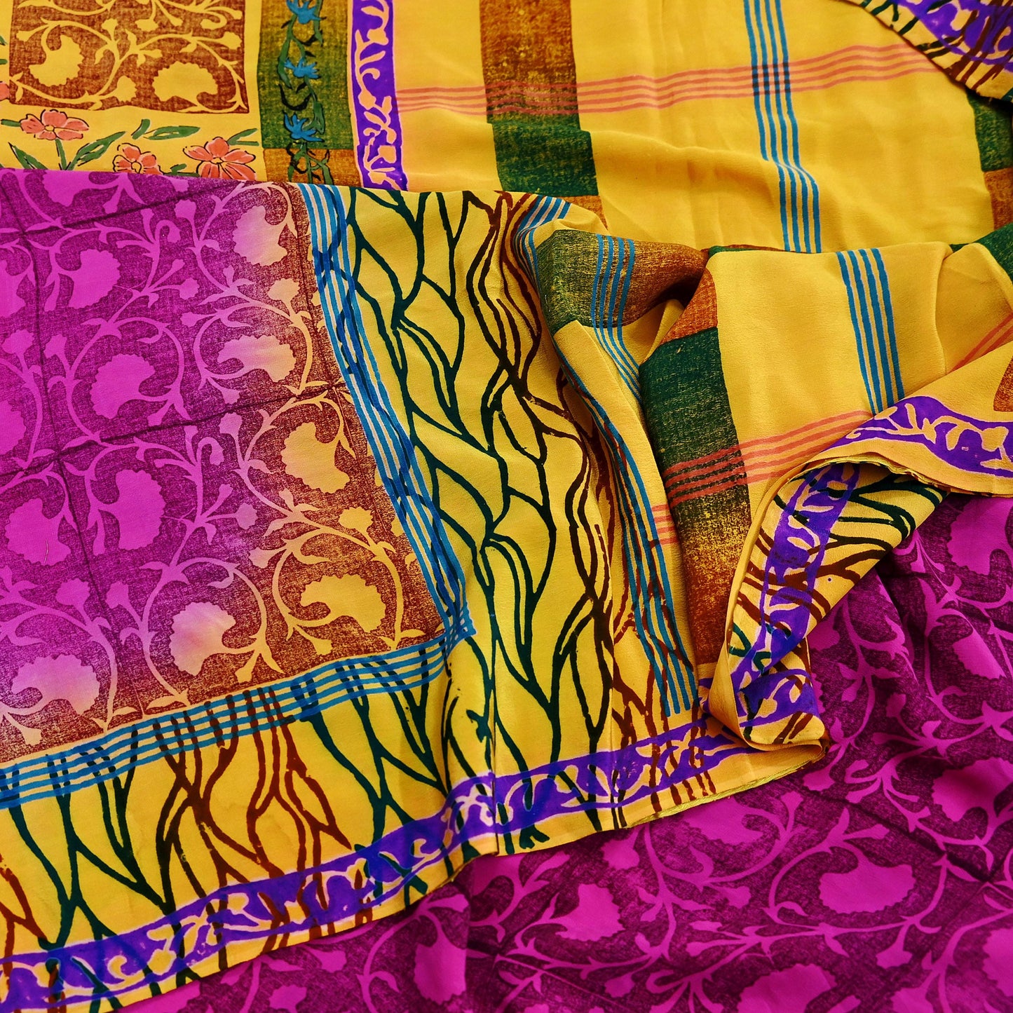 Indian Vintage Sari Yellow & Purple Pure Crepe Silk Block Printed Saree 5yd Sewing Floral Craft Fabric Wrap Dress making For Crafting