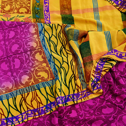 Indian Vintage Sari Yellow & Purple Pure Crepe Silk Block Printed Saree 5yd Sewing Floral Craft Fabric Wrap Dress making For Crafting