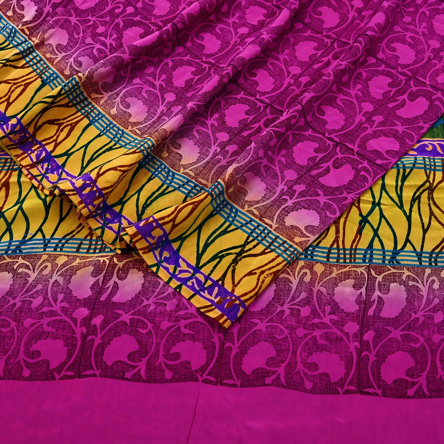 Indian Vintage Sari Yellow & Purple Pure Crepe Silk Block Printed Saree 5yd Sewing Floral Craft Fabric Wrap Dress making For Crafting