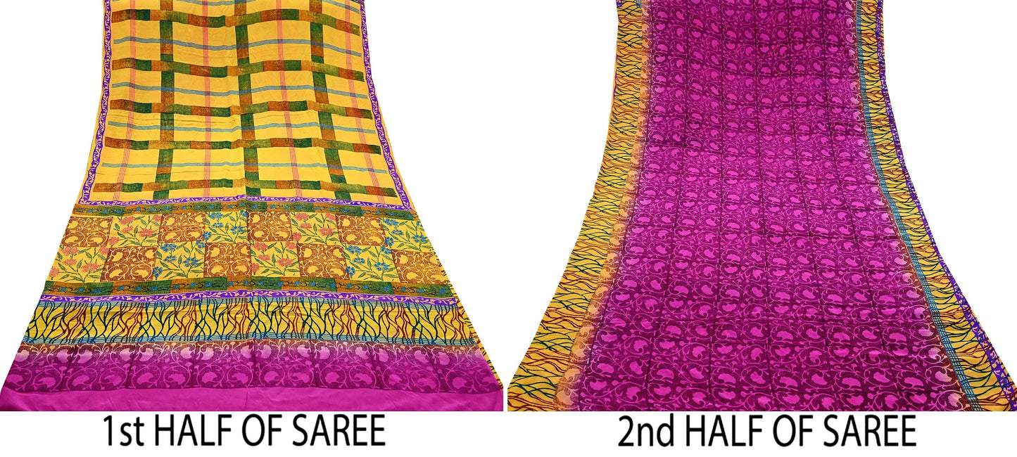 Indian Vintage Sari Yellow & Purple Pure Crepe Silk Block Printed Saree 5yd Sewing Floral Craft Fabric Wrap Dress making For Crafting