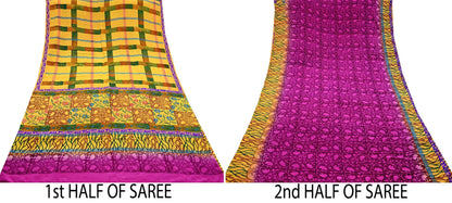 Indian Vintage Sari Yellow & Purple Pure Crepe Silk Block Printed Saree 5yd Sewing Floral Craft Fabric Wrap Dress making For Crafting