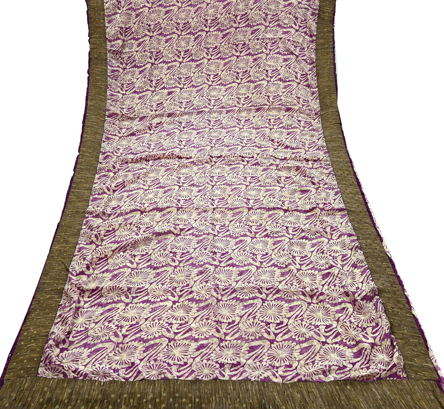 Indian Vintage Sari Ivory & Purple Saree Pure Crepe Silk Printed Sarees 5yd Sewing Floral Soft Craft Fabric Wrap Crafting Dress making