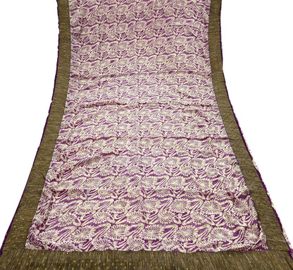 Indian Vintage Sari Ivory & Purple Saree Pure Crepe Silk Printed Sarees 5yd Sewing Floral Soft Craft Fabric Wrap Crafting Dress making