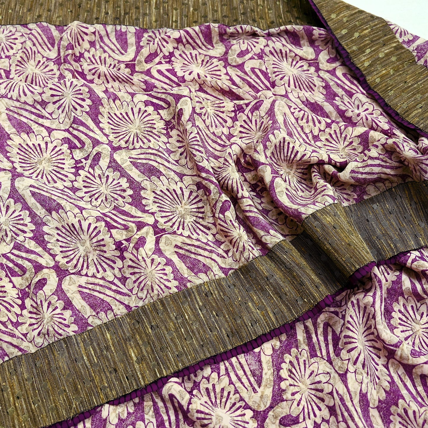 Indian Vintage Sari Ivory & Purple Saree Pure Crepe Silk Printed Sarees 5yd Sewing Floral Soft Craft Fabric Wrap Crafting Dress making