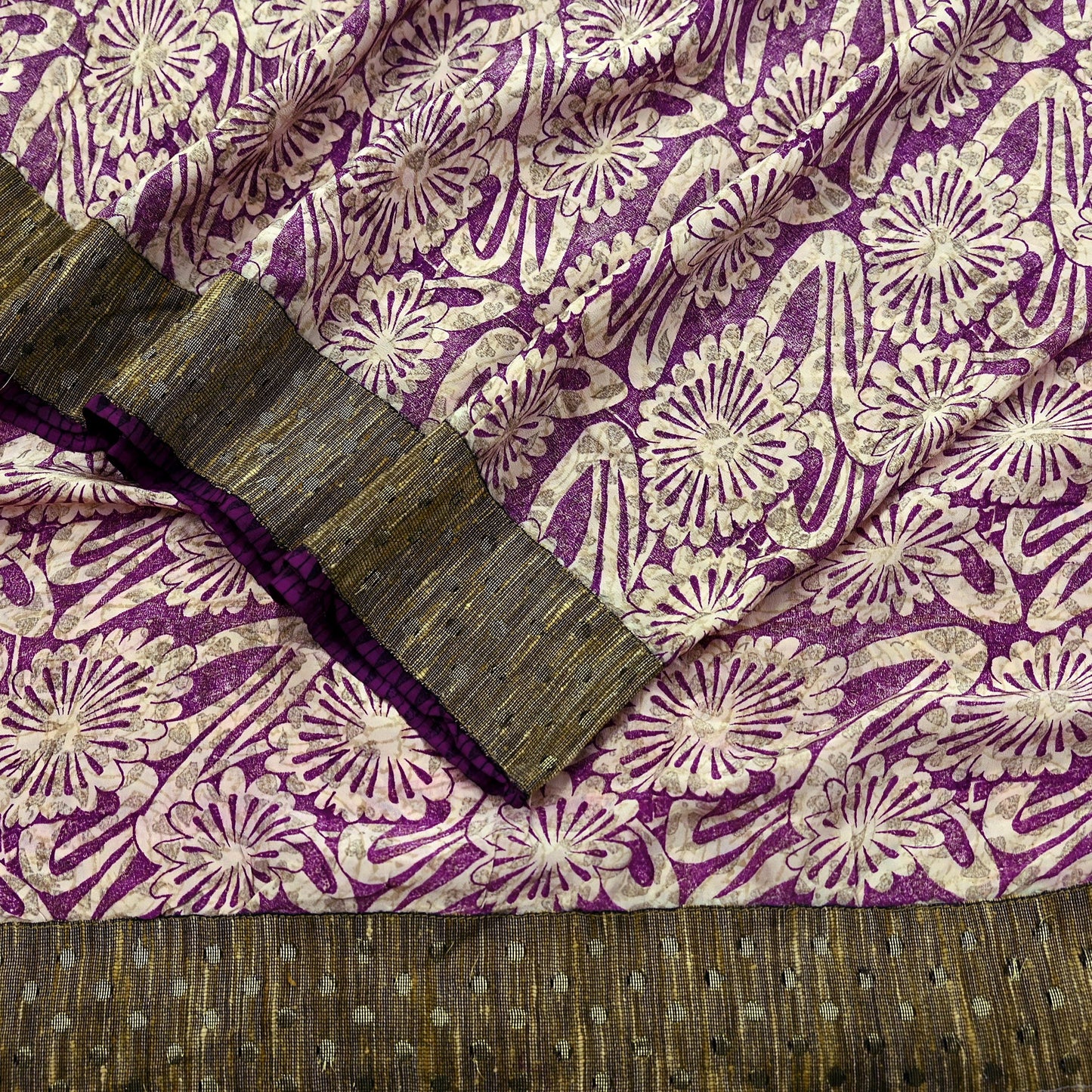 Indian Vintage Sari Ivory & Purple Saree Pure Crepe Silk Printed Sarees 5yd Sewing Floral Soft Craft Fabric Wrap Crafting Dress making