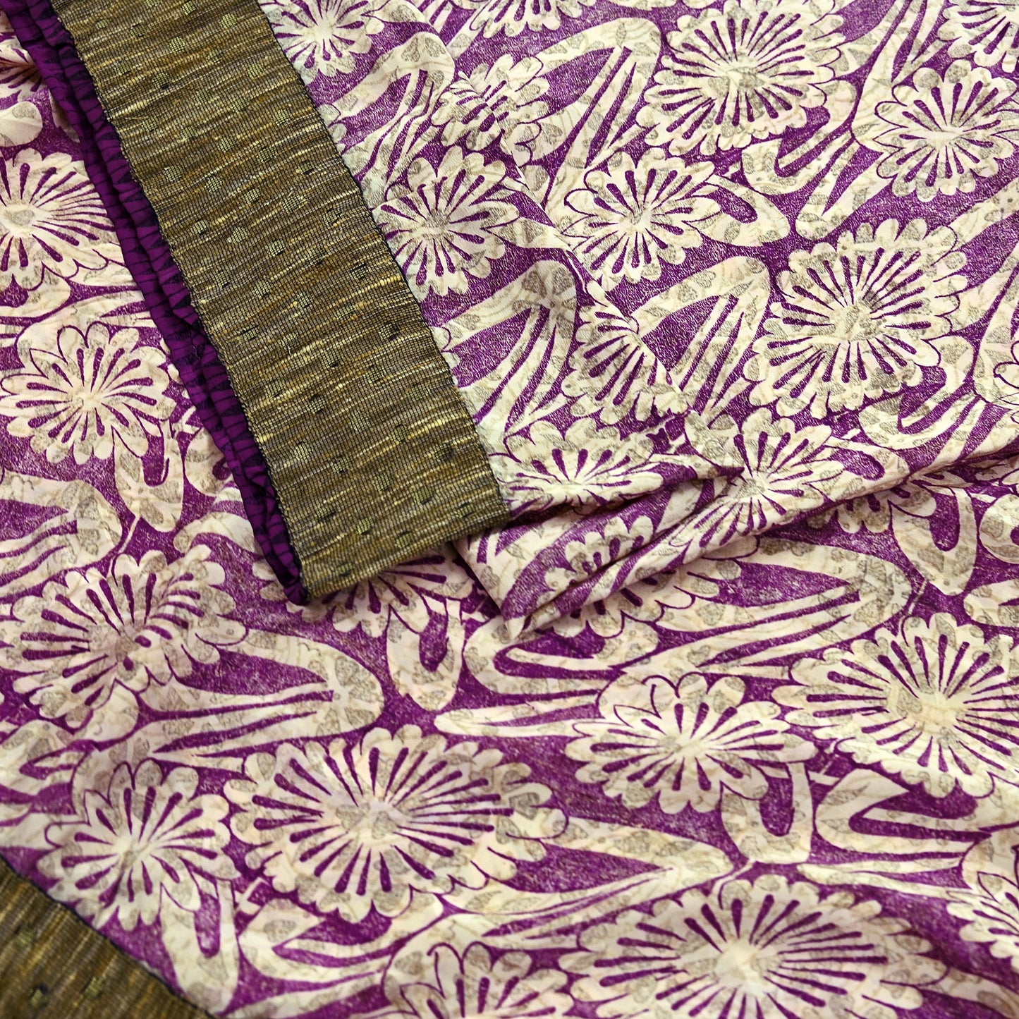 Indian Vintage Sari Ivory & Purple Saree Pure Crepe Silk Printed Sarees 5yd Sewing Floral Soft Craft Fabric Wrap Crafting Dress making