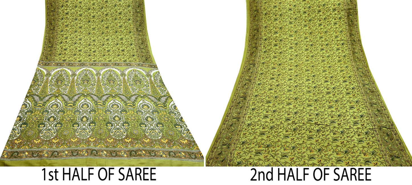 Indian Vintage Sari Green Pure Silk Printed Sarees 5yd Sewing Craft Fabric Dress Making  Soft Floral Wrap Upcycle Used Quilting Crafting