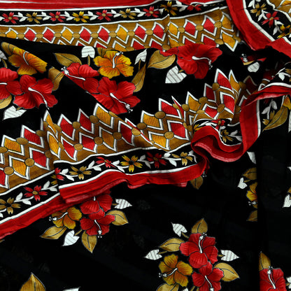 Indian Vintage Sari Red & Black Printed 100% Pure Cotton Saree Craft Fabric 5Yard Sewing Sarong Wrap Boho Floral