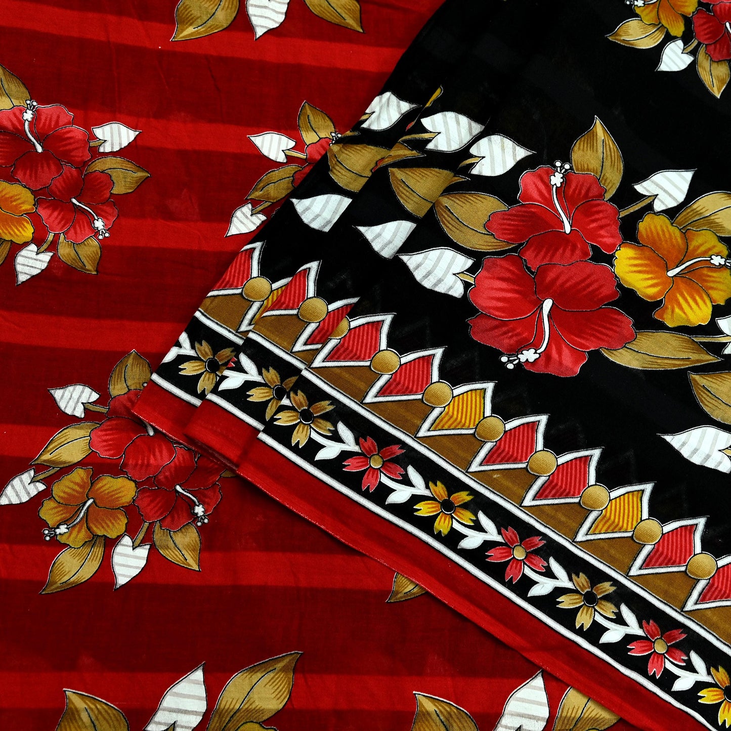 Indian Vintage Sari Red & Black Printed 100% Pure Cotton Saree Craft Fabric 5Yard Sewing Sarong Wrap Boho Floral