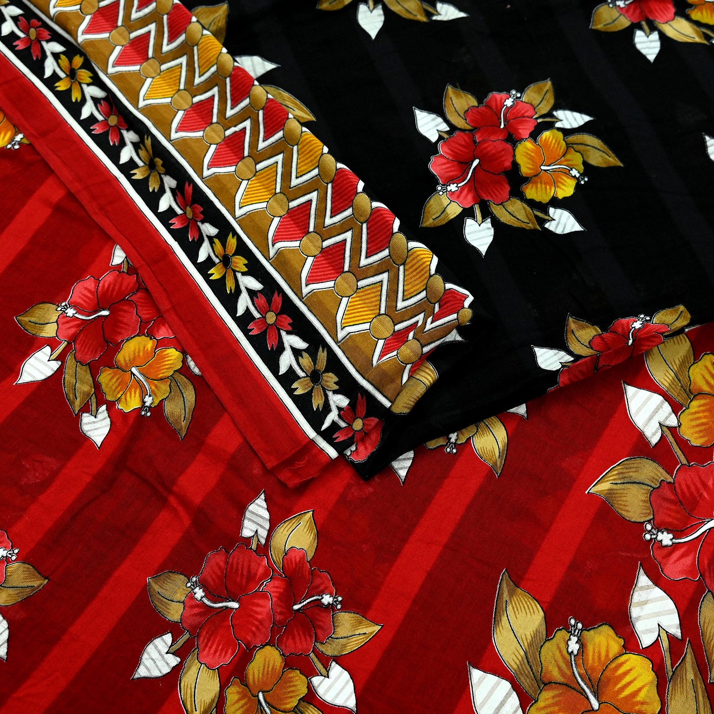 Indian Vintage Sari Red & Black Printed 100% Pure Cotton Saree Craft Fabric 5Yard Sewing Sarong Wrap Boho Floral