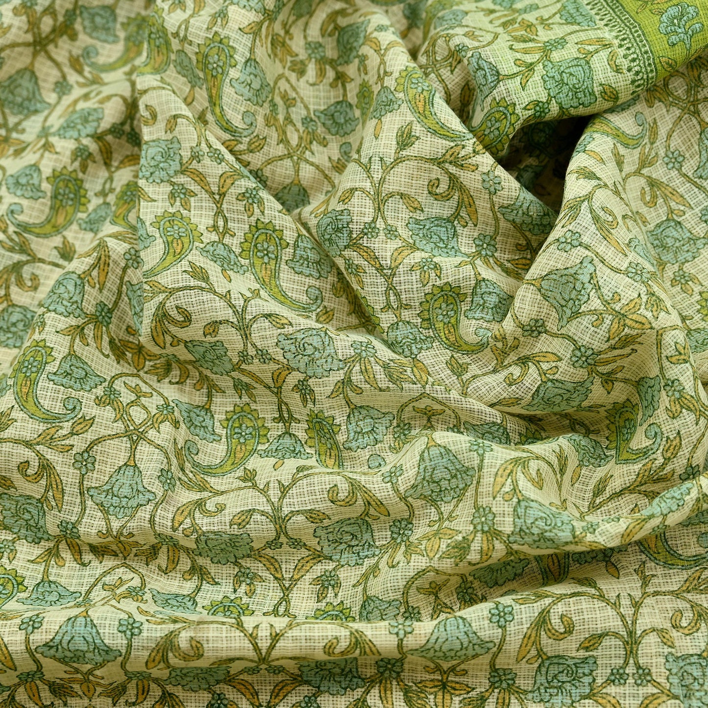 Indian Vintage Sari Beige & Green Pure Cotton Printed Sarees Craft Fabric Soft 5Yd Sarong Wrap Boho Fabric Kimono Quilting Crafting Upcycle