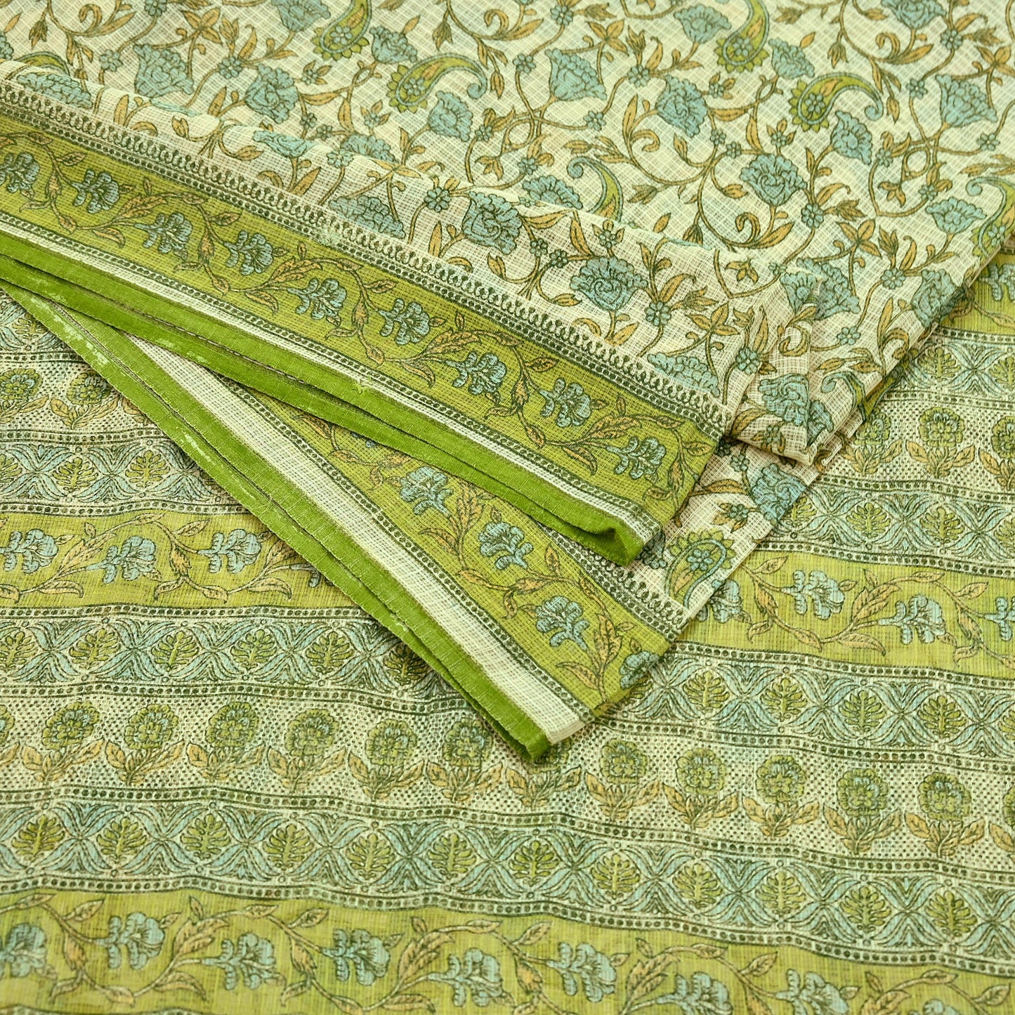 Indian Vintage Sari Beige & Green Pure Cotton Printed Sarees Craft Fabric Soft 5Yd Sarong Wrap Boho Fabric Kimono Quilting Crafting Upcycle