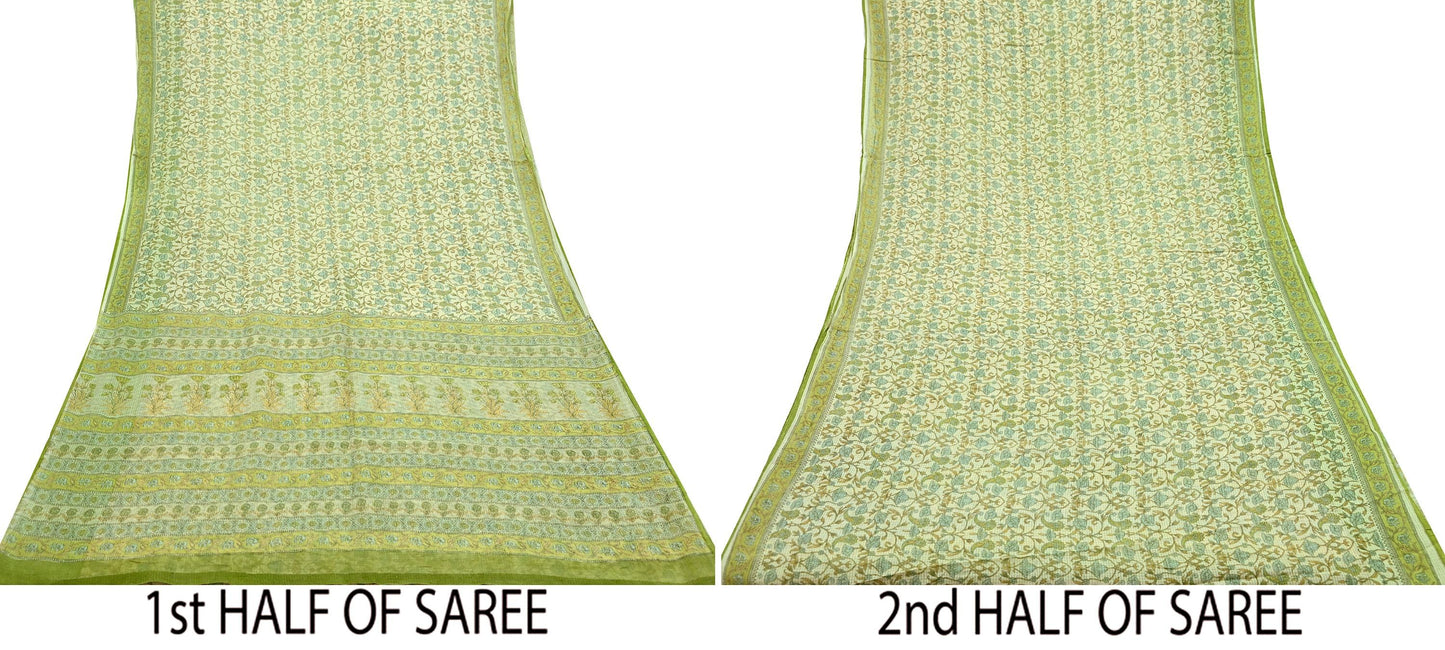 Indian Vintage Sari Beige & Green Pure Cotton Printed Sarees Craft Fabric Soft 5Yd Sarong Wrap Boho Fabric Kimono Quilting Crafting Upcycle
