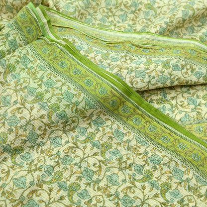 Indian Vintage Sari Beige & Green Pure Cotton Printed Sarees Craft Fabric Soft 5Yd Sarong Wrap Boho Fabric Kimono Quilting Crafting Upcycle