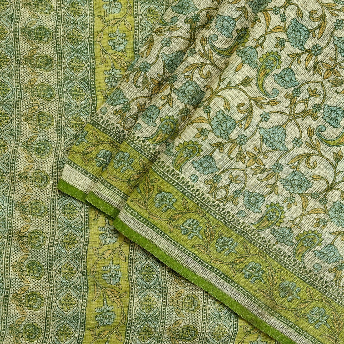 Indian Vintage Sari Beige & Green Pure Cotton Printed Sarees Craft Fabric Soft 5Yd Sarong Wrap Boho Fabric Kimono Quilting Crafting Upcycle