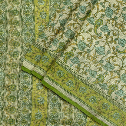 Indian Vintage Sari Beige & Green Pure Cotton Printed Sarees Craft Fabric Soft 5Yd Sarong Wrap Boho Fabric Kimono Quilting Crafting Upcycle