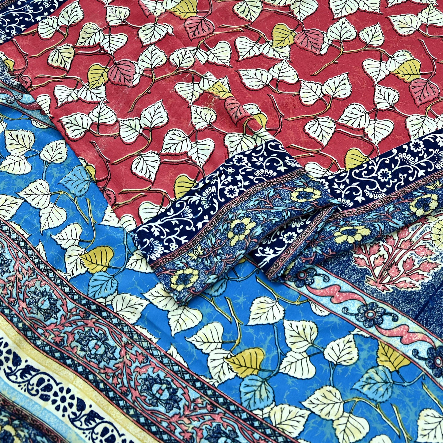 Indian Vintage Pink & Blue Saree Moss Crepe Printed Sari 5yd Sewing Floral Soft Craft Fabric Dressmaking