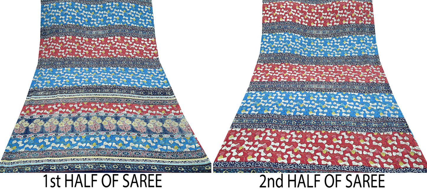 Indian Vintage Pink & Blue Saree Moss Crepe Printed Sari 5yd Sewing Floral Soft Craft Fabric Dressmaking