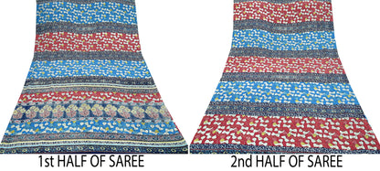 Indian Vintage Pink & Blue Saree Moss Crepe Printed Sari 5yd Sewing Floral Soft Craft Fabric Dressmaking