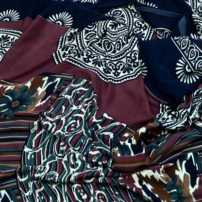 Indian Vintage Sari Pink & Blue Moss Crepe Printed Sarees Craft Fabric 5yd Sewing Floral Soft Dress making Quilting Crafting Upcycle  Used