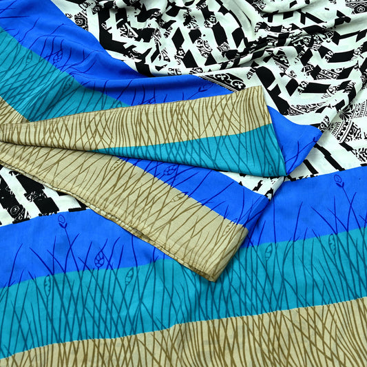 Indian Vintage Saree White & Black Moss Crepe Printed  Sari Fabric 5yd Sewing Floral Soft Craft Fabric Dressmaking Dress Designing Quilting
