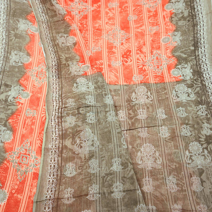 Indian Vintage Sari Brown & Peach 100% Pure Cotton Printed Sarees 5Yd Craft Fabric Sewing Sarong Wrap Boho Quilting Upcycle Dress Making