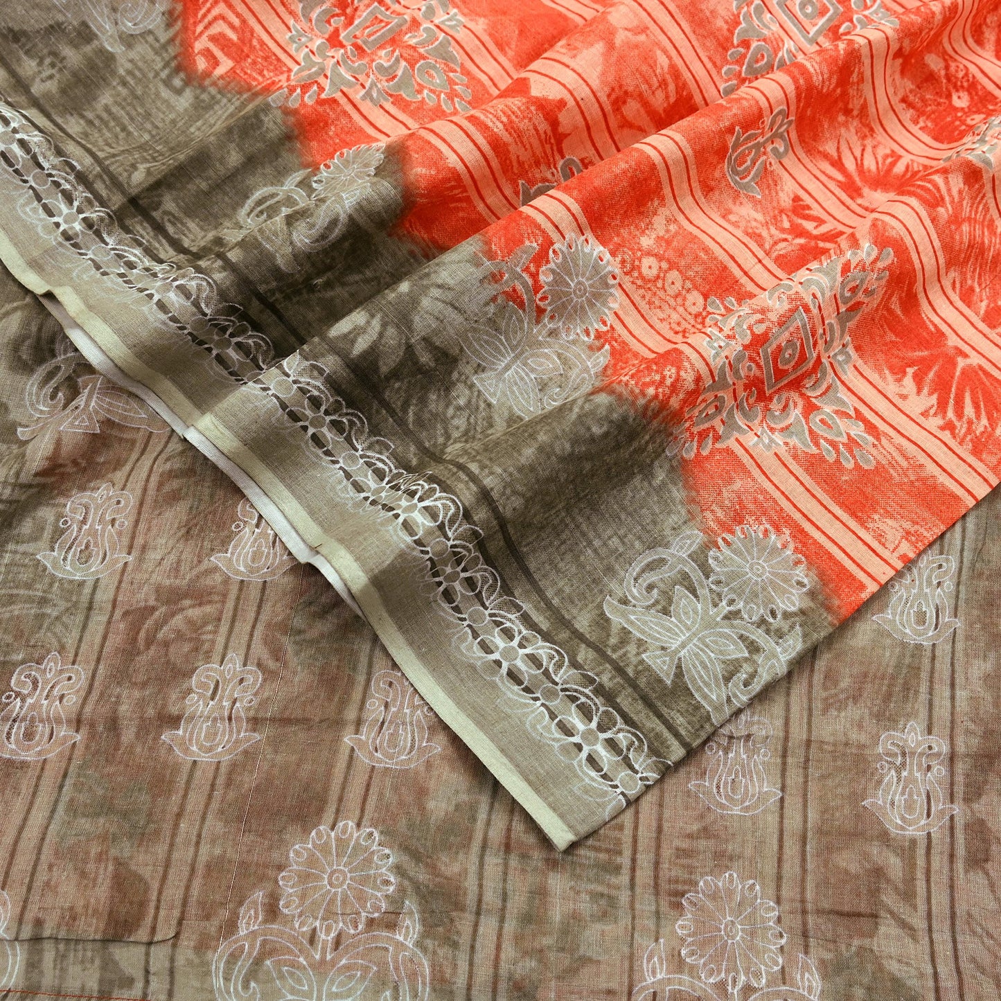 Indian Vintage Sari Brown & Peach 100% Pure Cotton Printed Sarees 5Yd Craft Fabric Sewing Sarong Wrap Boho Quilting Upcycle Dress Making