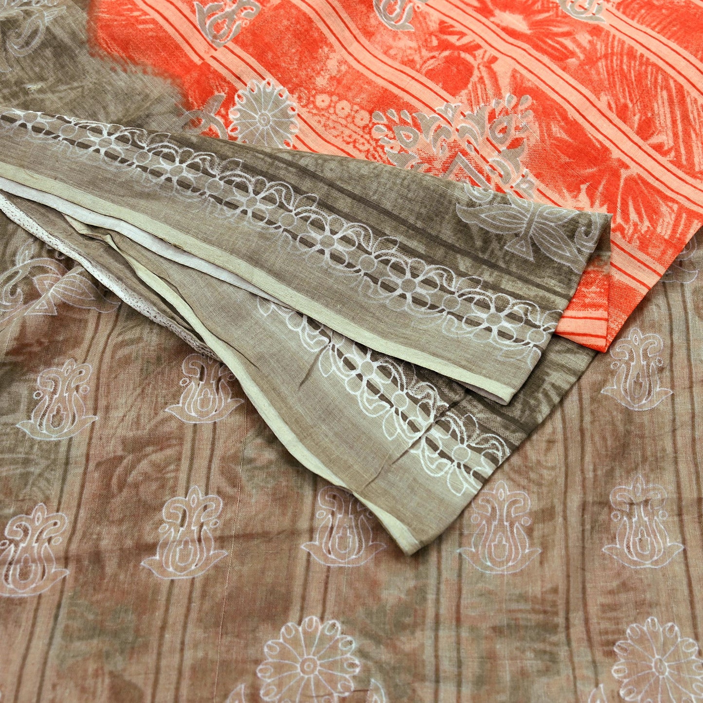Indian Vintage Sari Brown & Peach 100% Pure Cotton Printed Sarees 5Yd Craft Fabric Sewing Sarong Wrap Boho Quilting Upcycle Dress Making