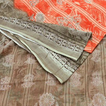 Indian Vintage Sari Brown & Peach 100% Pure Cotton Printed Sarees 5Yd Craft Fabric Sewing Sarong Wrap Boho Quilting Upcycle Dress Making