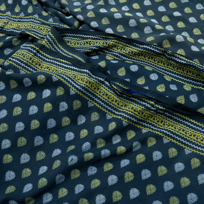 Indian Vintage Green & Gray Saree Printed Pure Cotton Sari Craft Fabric 5Yd Sewing Soft Sarong Wrap Boho Floral Quilting Crafting