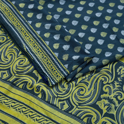 Indian Vintage Green & Gray Saree Printed Pure Cotton Sari Craft Fabric 5Yd Sewing Soft Sarong Wrap Boho Floral Quilting Crafting