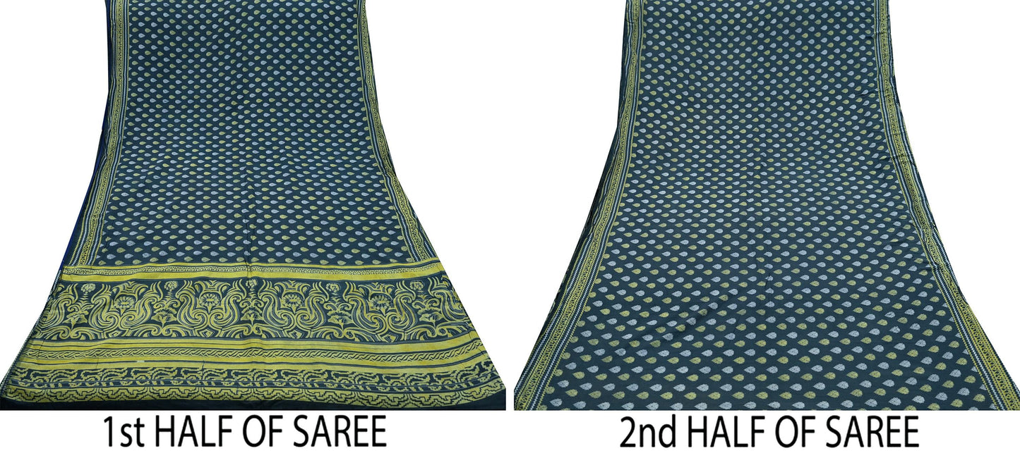 Indian Vintage Green & Gray Saree Printed Pure Cotton Sari Craft Fabric 5Yd Sewing Soft Sarong Wrap Boho Floral Quilting Crafting