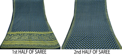 Indian Vintage Green & Gray Saree Printed Pure Cotton Sari Craft Fabric 5Yd Sewing Soft Sarong Wrap Boho Floral Quilting Crafting