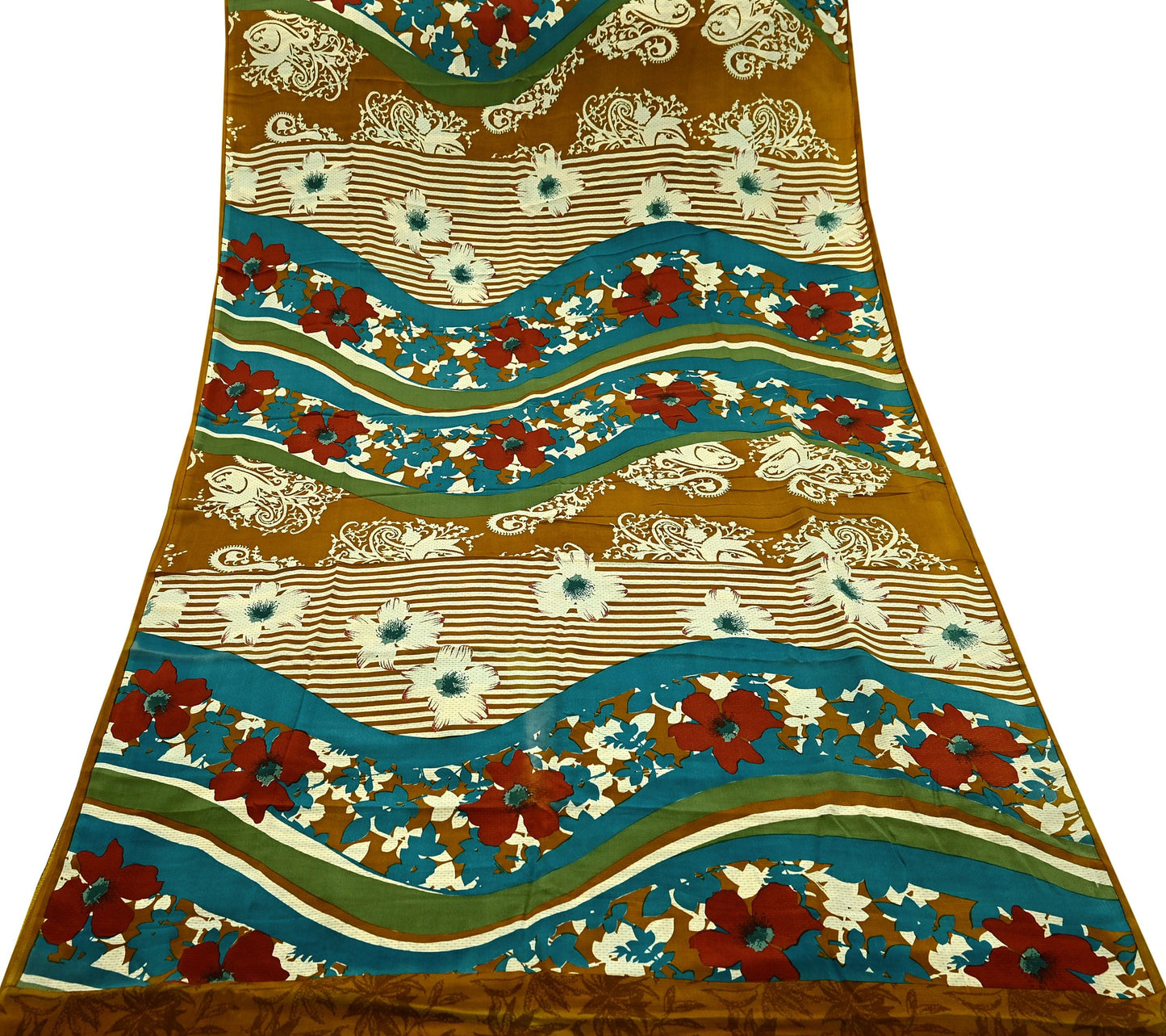 Indian Vintage Sari Green & Mustard Pure Crepe Silk Printed Sarees 5yd Sewing Floral Soft Craft Fabric Wrap Dress Making Crafting Quilting