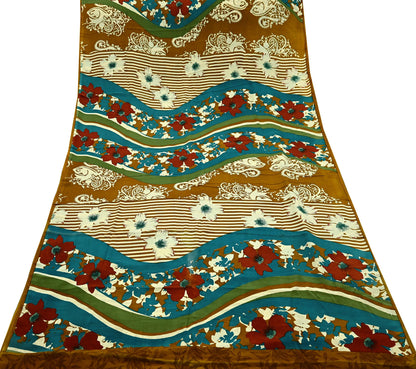 Indian Vintage Sari Green & Mustard Pure Crepe Silk Printed Sarees 5yd Sewing Floral Soft Craft Fabric Wrap Dress Making Crafting Quilting