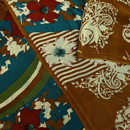 Indian Vintage Sari Green & Mustard Pure Crepe Silk Printed Sarees 5yd Sewing Floral Soft Craft Fabric Wrap Dress Making Crafting Quilting