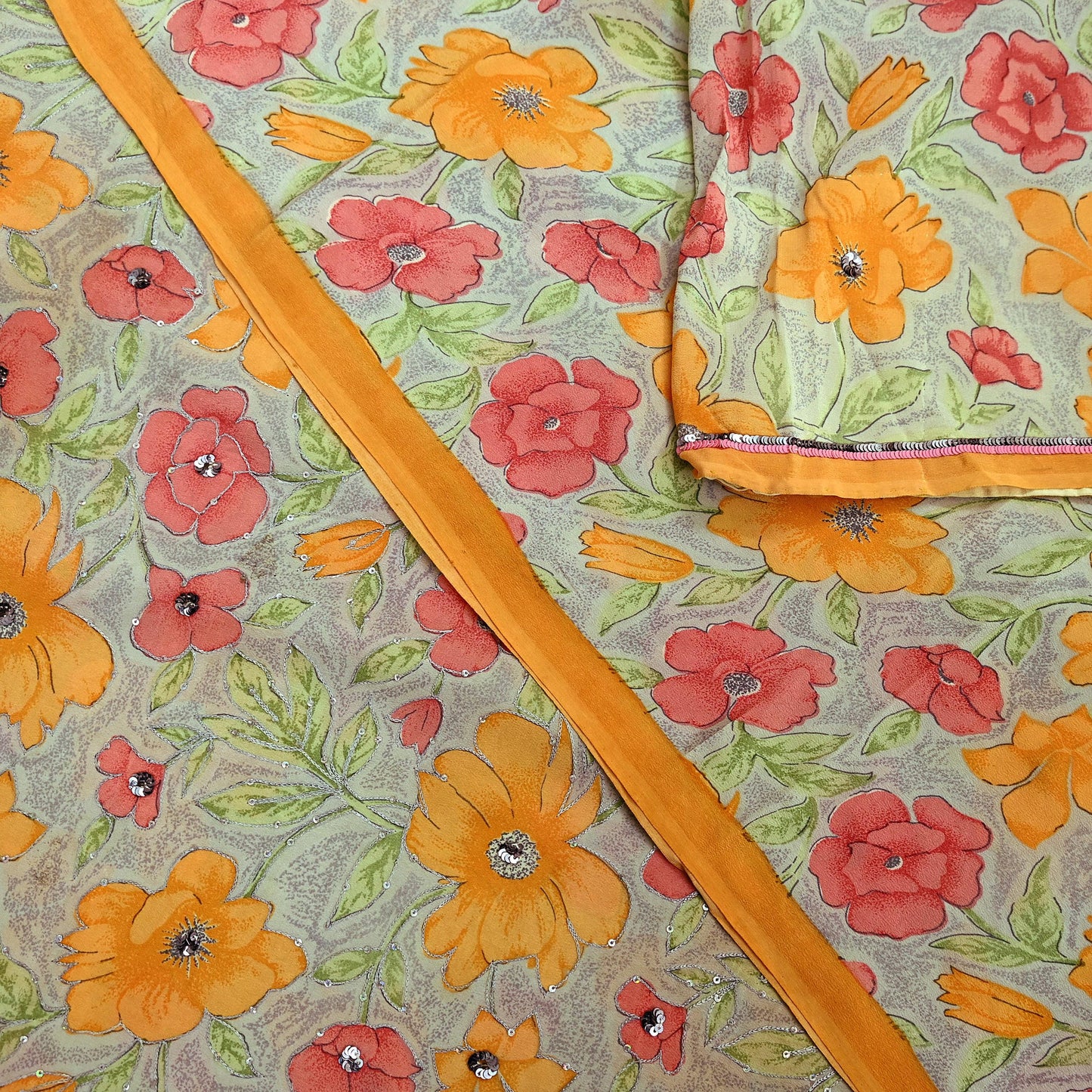 Indian Vintage Sari Ivory & Gray Pure Crepe Silk Hand Embroidered Saree 5yd Sewing Floral Craft Sequins Dress making Crafting Quilting