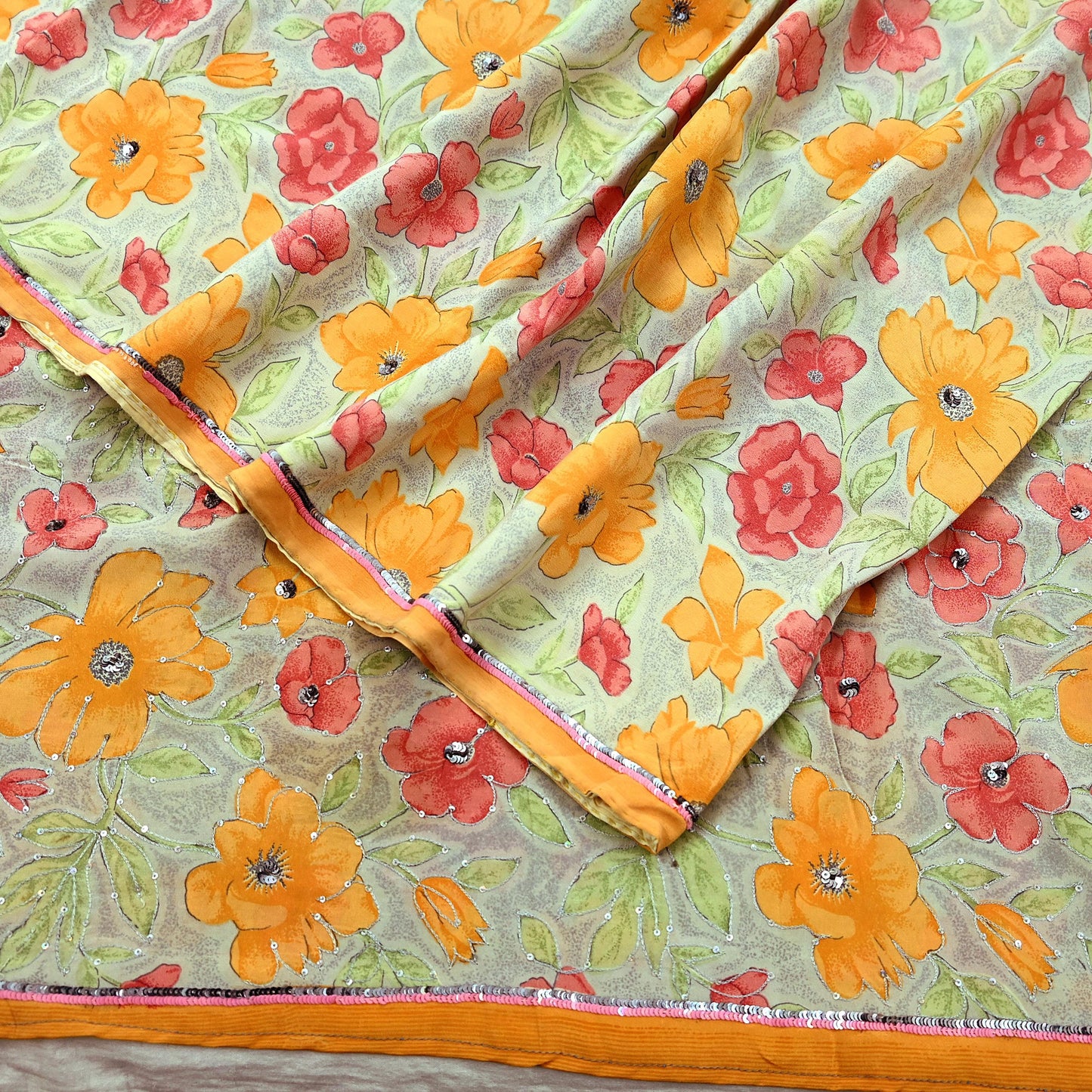Indian Vintage Sari Ivory & Gray Pure Crepe Silk Hand Embroidered Saree 5yd Sewing Floral Craft Sequins Dress making Crafting Quilting