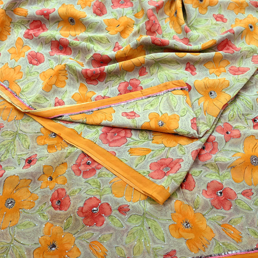 Indian Vintage Sari Ivory & Gray Pure Crepe Silk Hand Embroidered Saree 5yd Sewing Floral Craft Sequins Dress making Crafting Quilting