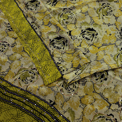 Indian Vintage Sari Beige & Green Pure Crepe Silk Hand Embroidered Saree 5yd Sewing Floral Craft Sequins Dress making Crafting Quilting