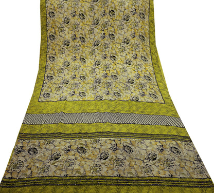 Indian Vintage Sari Beige & Green Pure Crepe Silk Hand Embroidered Saree 5yd Sewing Floral Craft Sequins Dress making Crafting Quilting