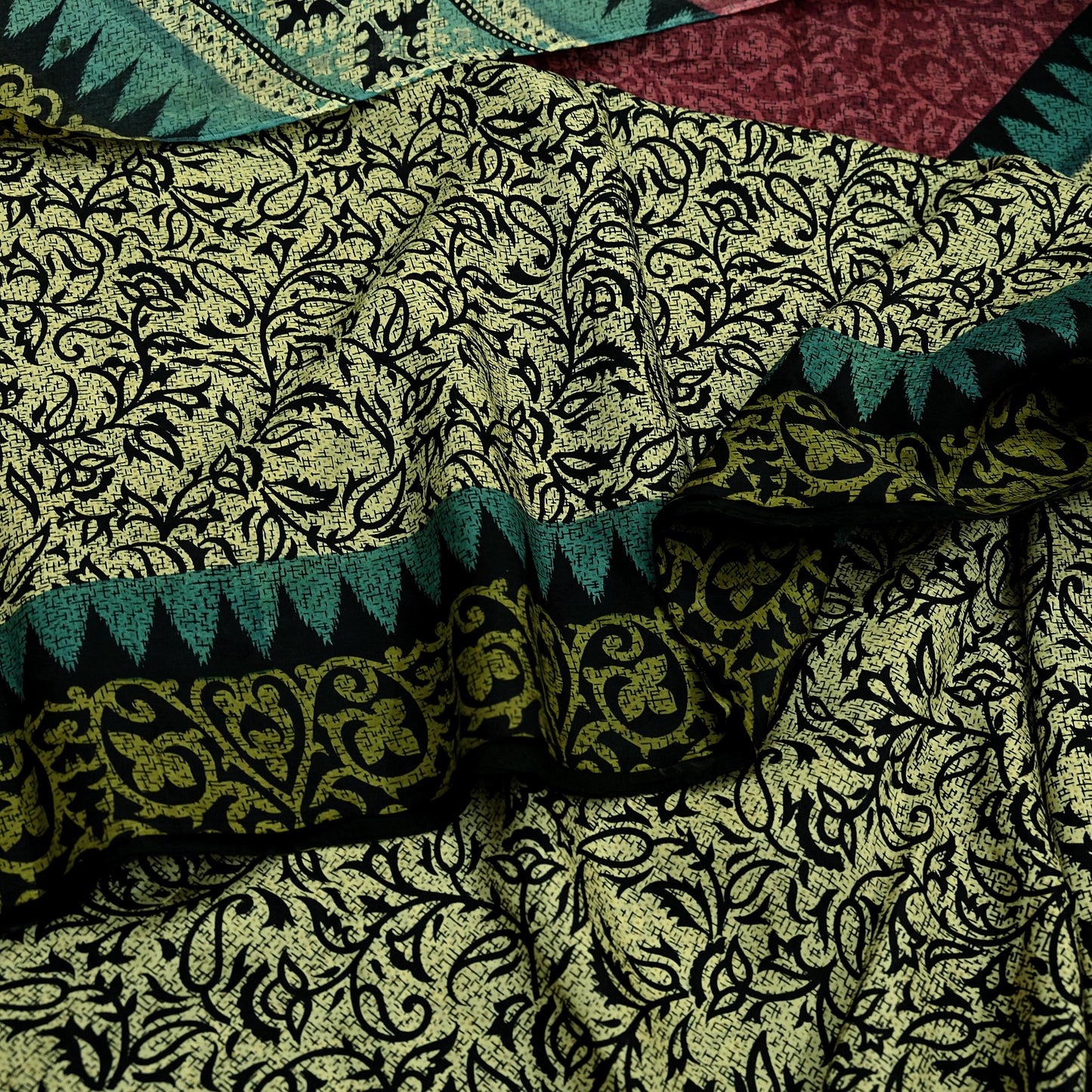 Indian Vintage Black & Beige Saree Pure Silk Printed Sari Craft Fabric 5yd Sewing Dress Making Soft Paisley Quilting Upcycle Crafting