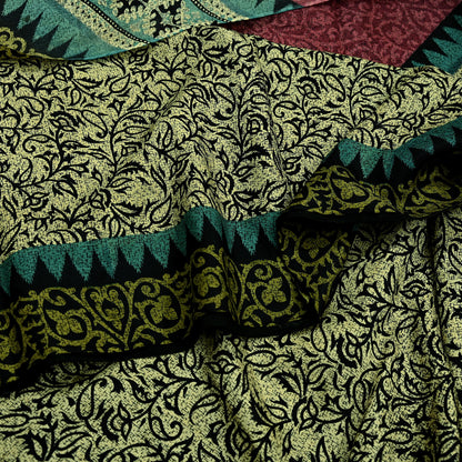 Indian Vintage Black & Beige Saree Pure Silk Printed Sari Craft Fabric 5yd Sewing Dress Making Soft Paisley Quilting Upcycle Crafting