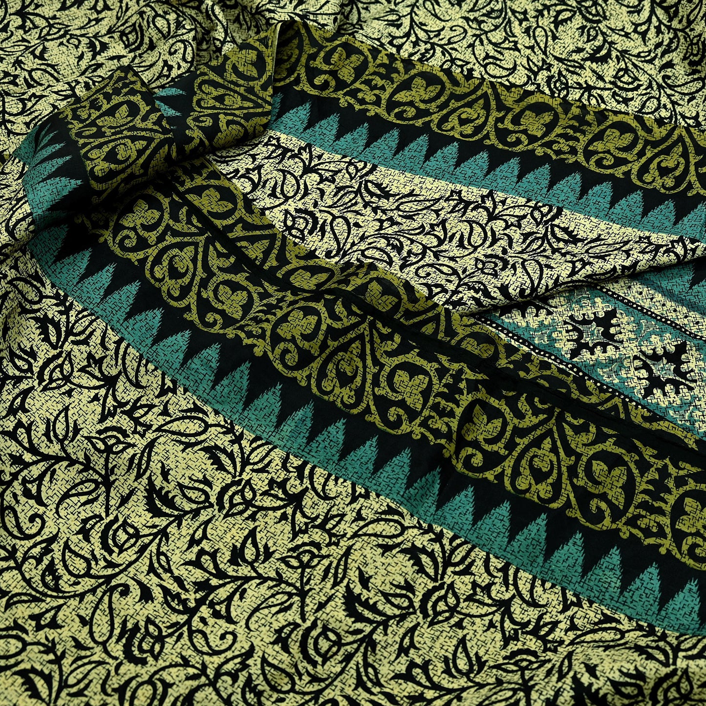Indian Vintage Black & Beige Saree Pure Silk Printed Sari Craft Fabric 5yd Sewing Dress Making Soft Paisley Quilting Upcycle Crafting