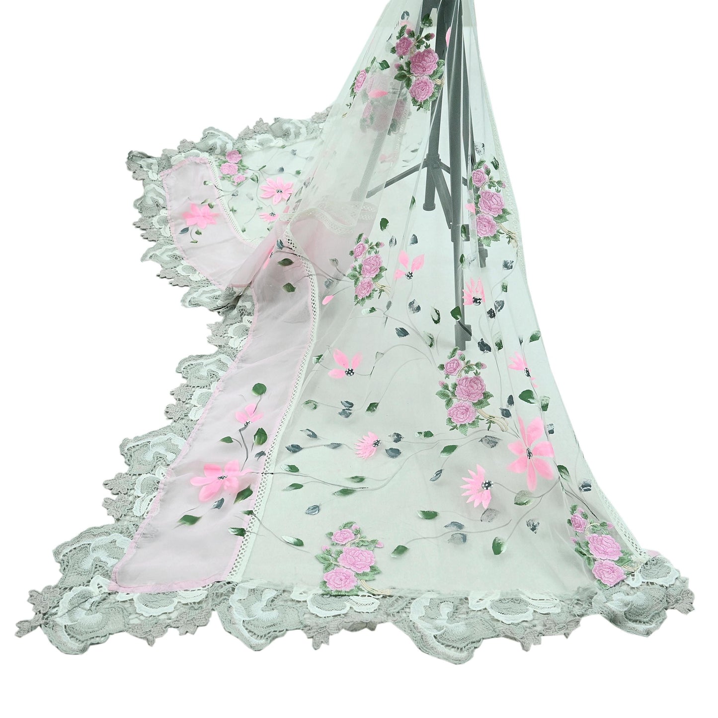 Indian Vintage White Dupatta Net Mesh Long Stole Embroidered Scarves Sequins Veil Hijab Party Wear