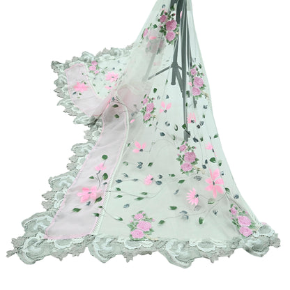 Indian Vintage White Dupatta Net Mesh Long Stole Embroidered Scarves Sequins Veil Hijab Party Wear