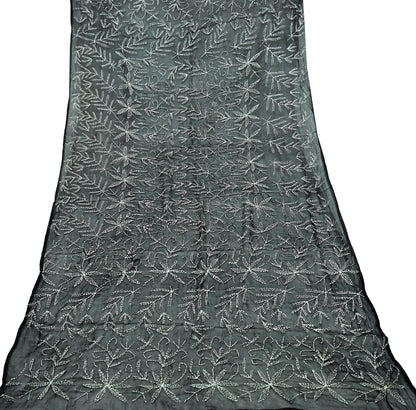 Indian Vintage Dupatta Black Long Stole Hand Embroidered kantha stole Blend Cotton Scarves Veil Wrap Soft Floral