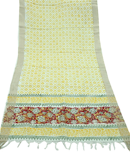 Indian Vintage Dupatta Ivory Long Stole Printed Woven Chanderi Scarf Veil Soft Floral Zari Boho